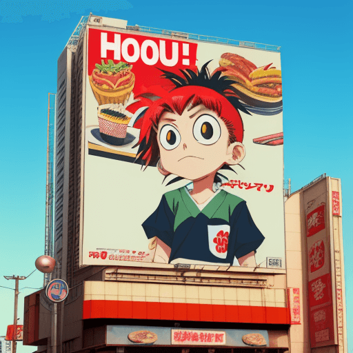 AI generated: fast food ad, billboard sign, 90s, anime, japanese pop, japanese words, in the style of Jamie Hewlet...