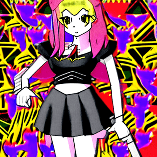 AI generated: solo, ashido mina, pink skin, yellow eyes, black sclera, horns, pink hair, logo shirt, pleated skirt...