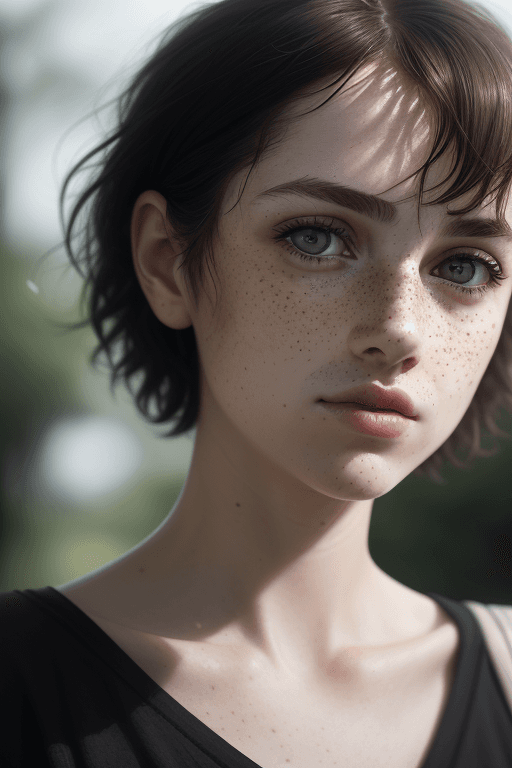 AI generated: detailed and realistic portrait of a woman with a few freckles, round eyes and short messy hair shot...