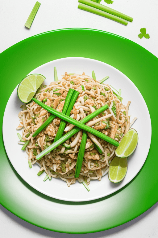 AI generated: Pad Thai with fresh spring onion and lime in big white plate with green blurred background, low ligh...