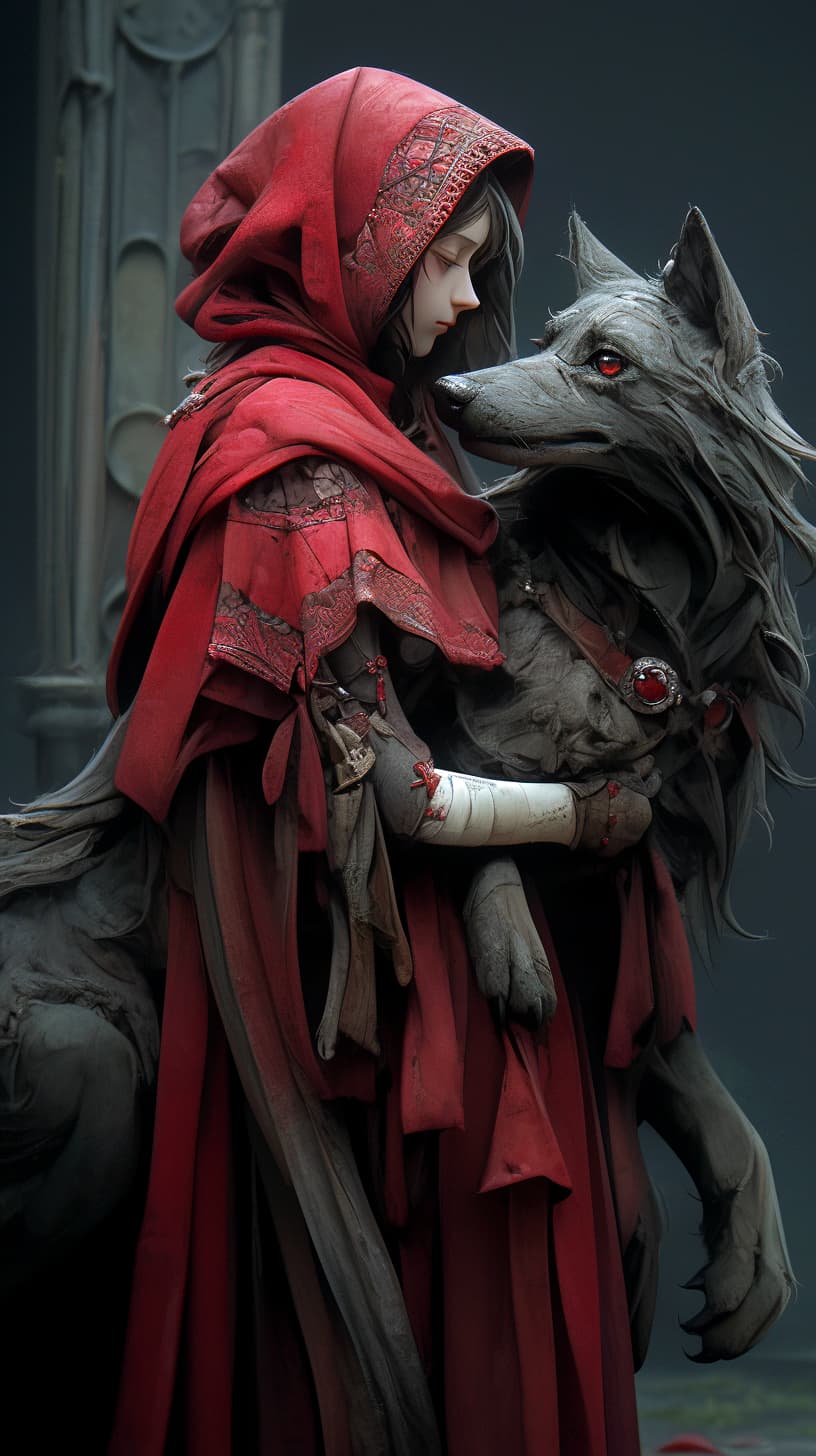 AI generated: Red riding hood, tamed wolf, dark and macabre, horror, haunting, hyperrealism, photorealistic, 8k, u...