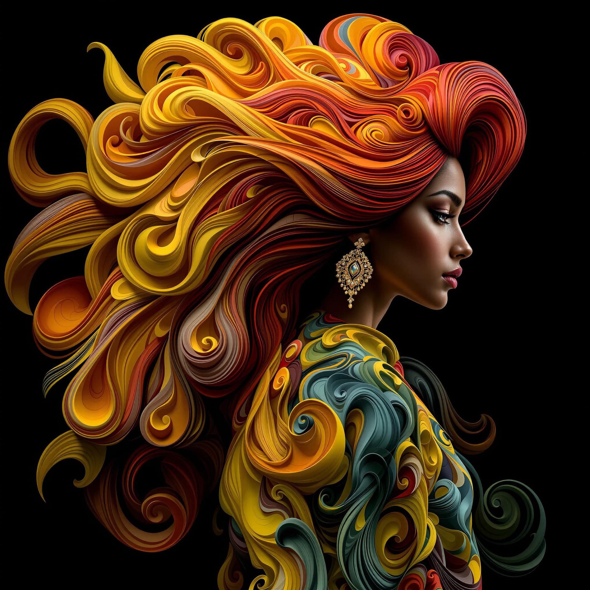 AI generated: Full body of an Indian woman, standing, turn around towards the camera, with a flowing, sculptural h...