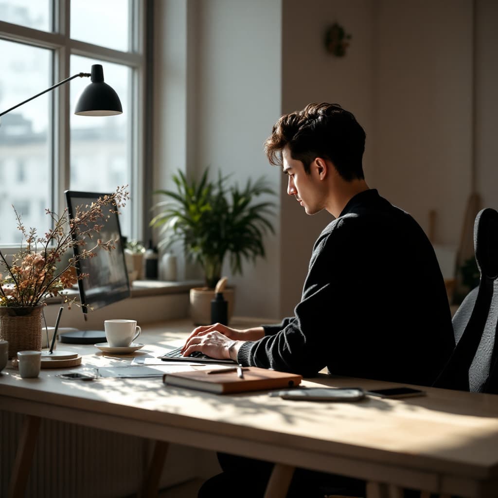AI generated: modern, minimalist workspace, focused designer korea hansome young man silhouete at a woodstyle desk...