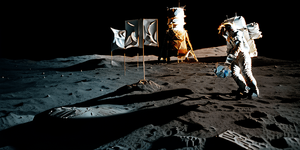AI generated: image of the Apollo XI landed on the moon with Neil Armstrong descending the ladder and about to put...