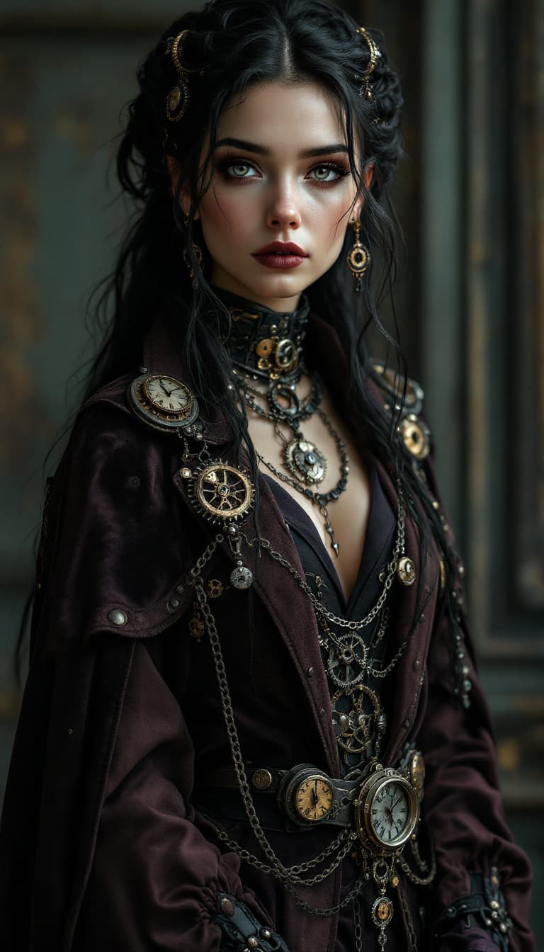 AI generated: An ultra-realistic, full-body portrait of a captivating, gothic-inspired, clockwork librarian woman,...