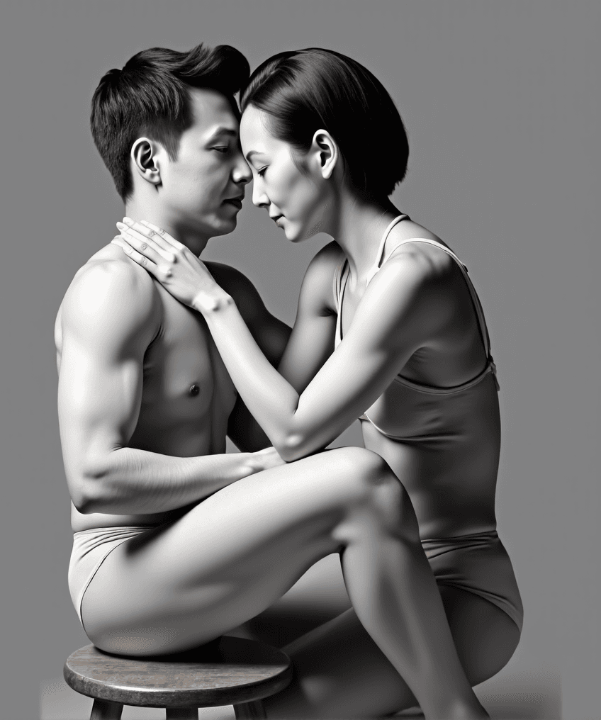 AI generated: HD, 8k, hyper realism, full focus, photo-realism, A grayscale ballet duet. Two young adult dancers, ...