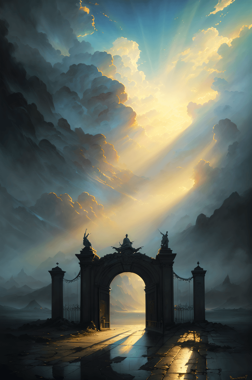 AI generated: (award winning , masterpiece , cinematic scene , oil painting:1.1), (gates to heaven:1.2), Highly de...