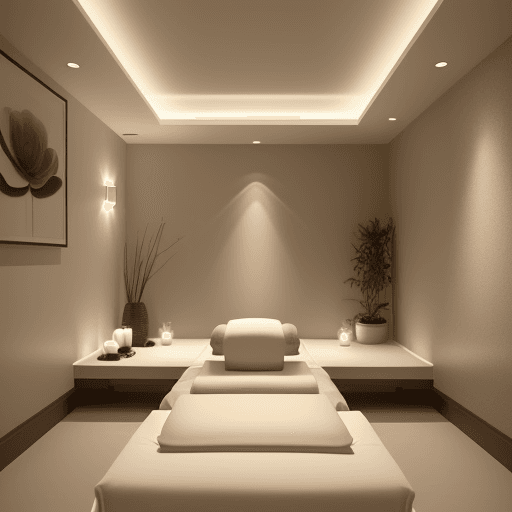 AI generated: small 2 meters wide and 3 meters length massage room luxurious spa room with a serene and modern aes...