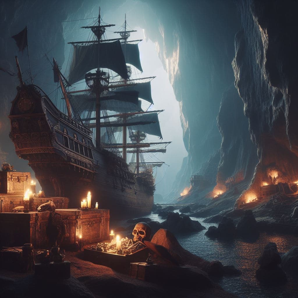AI generated: Hyper detailed pirate treasure in enormous  cave with old 1700s ship, hyper-realistic and hyper-deta...
