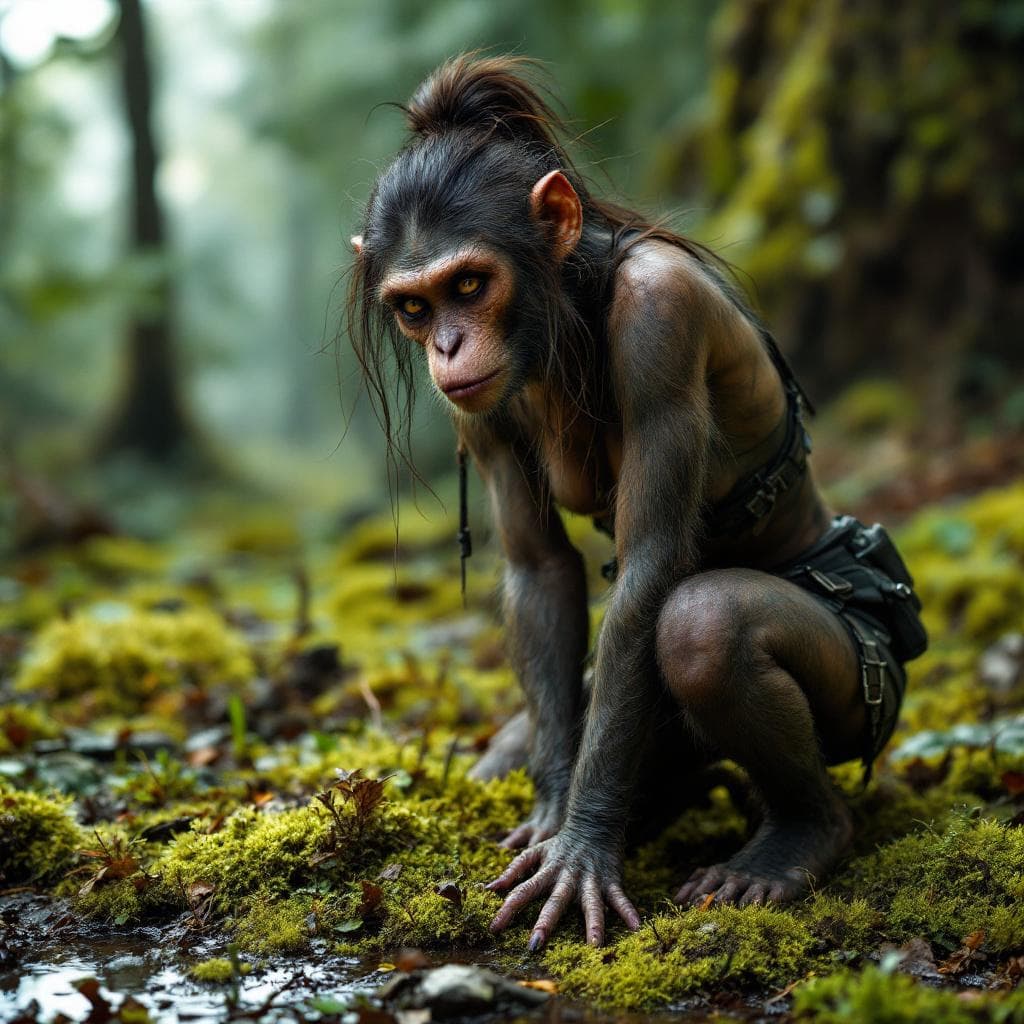 AI generated: hominid slightly more human looking female hunter gatherer crouching on mossy ground 