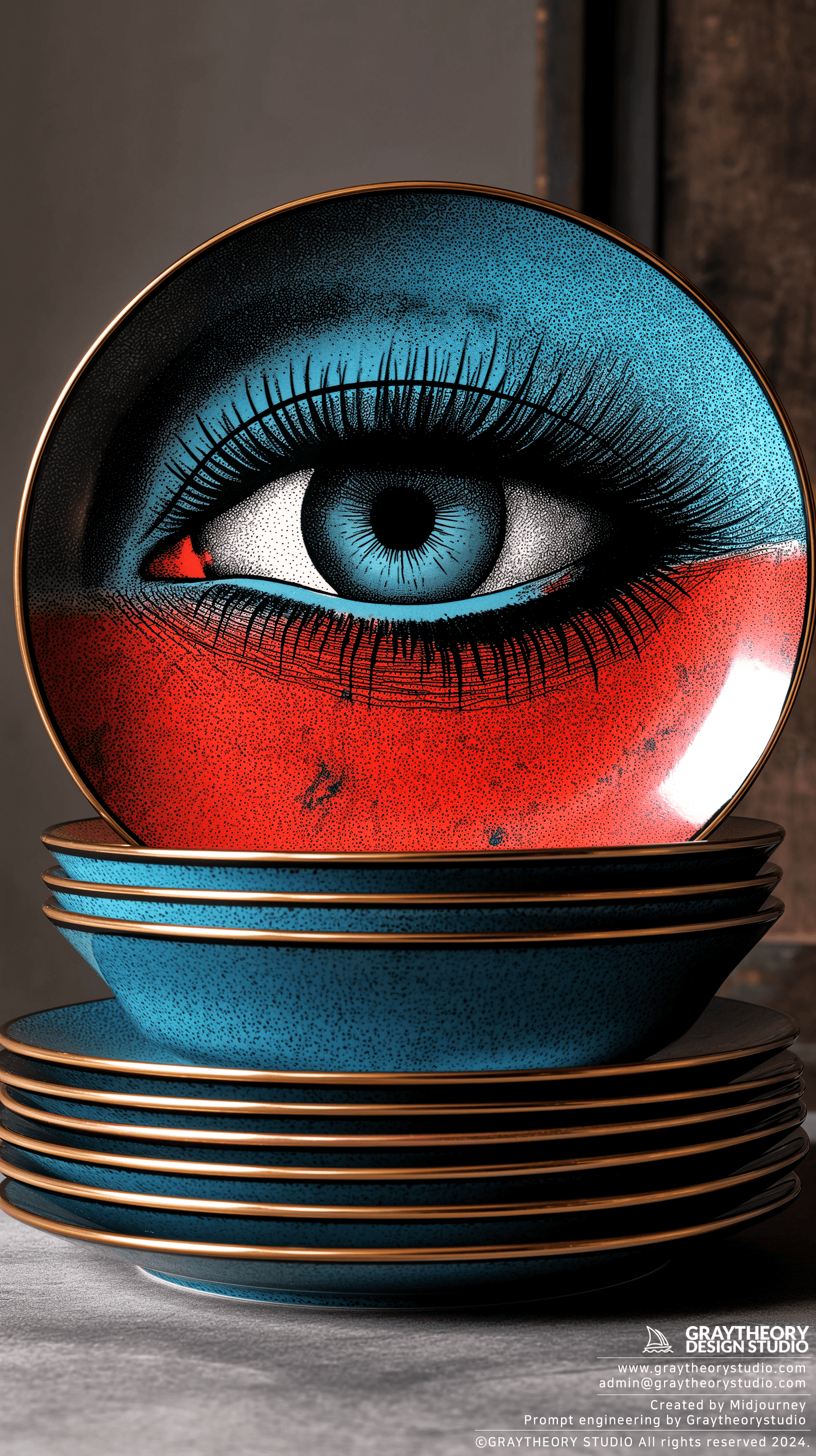 AI generated: Fornasetti Plates collection, unique artistic prints, Nikon Z7 II, 85mm f/1.8 lens, Emphasize the vi...