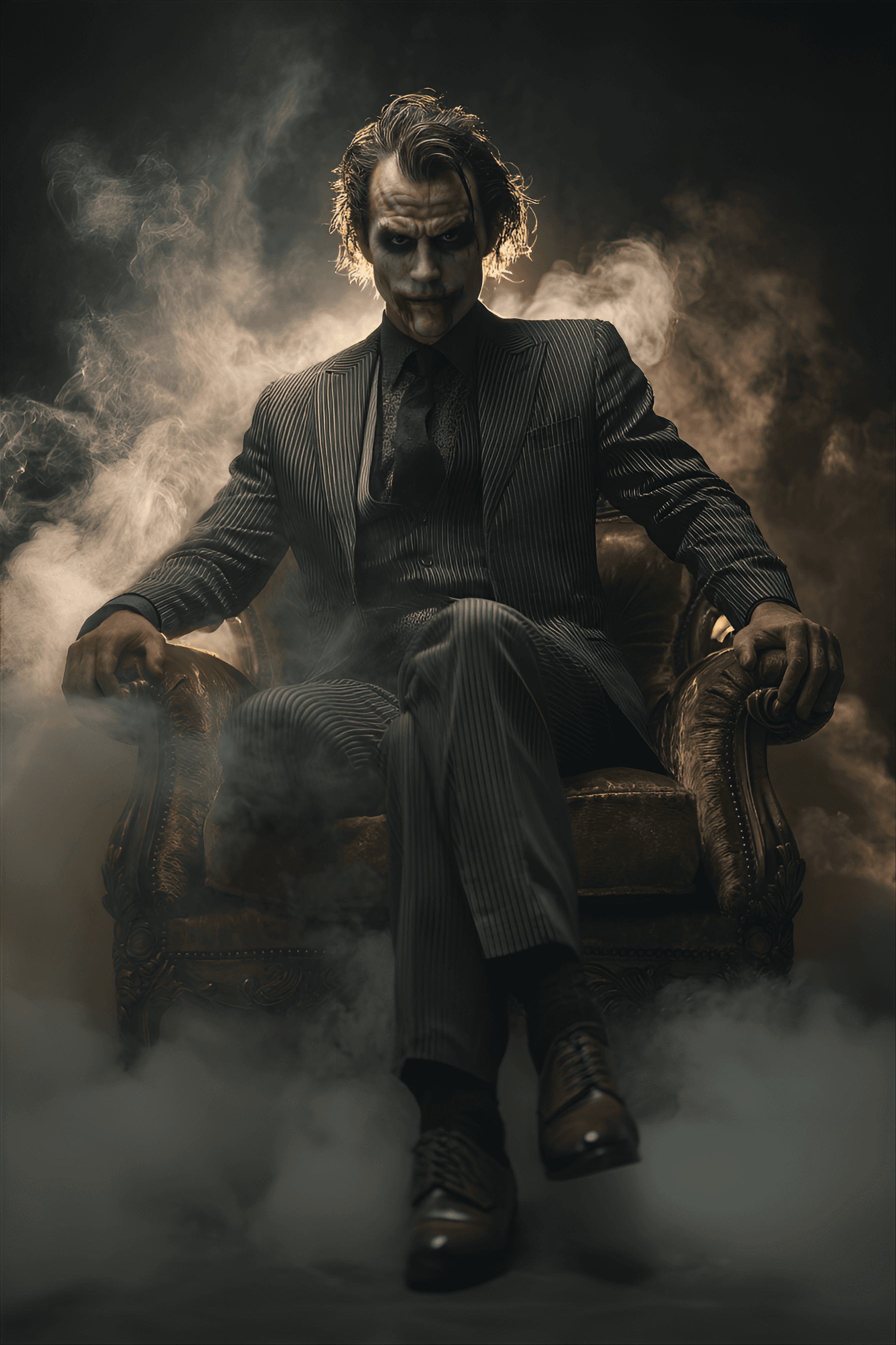 AI generated: male, middle-aged, Caucasian man, embodying the Joker, sits regally in a plush, ornate gold-colored ...