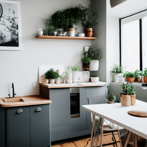 AI generated: a small kitchen with a gray kitchen set, light floor, gray wooden walls, with a round table in the m...