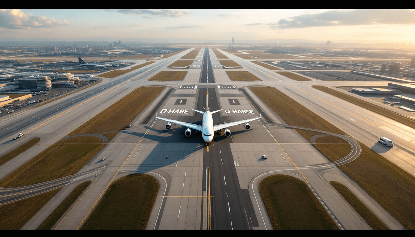 AI generated: 8K, photorealistic image of O'Hare airport and runways from above.  There is a 747 at one of the far...