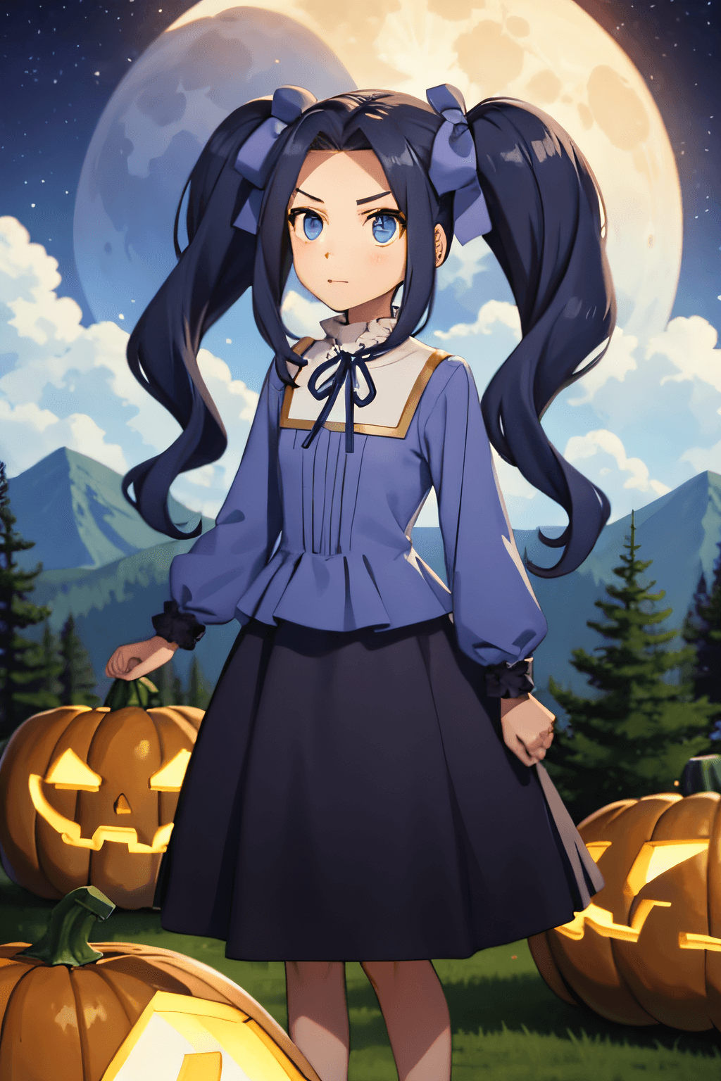 AI generated: melty, 1girl, blue eyes, eyes visible through hair, hair intakes, bangs, purple hair, bangs, forehea...