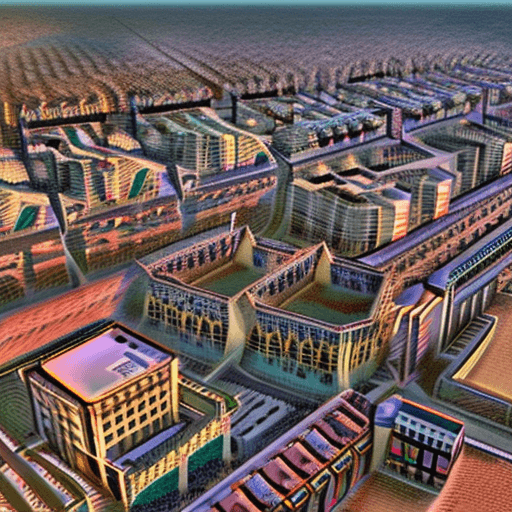 AI generated: (eine Stadt im Stil von Cyberpunkt 2077, Sonnenuntergang, 4k, hdr, height details):1.2