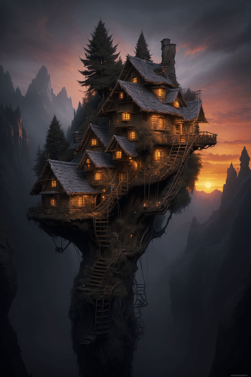 AI generated: valley, fairytale treehouse village covered, matte painting, highly detailed, dynamic lighting, cine...