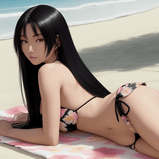 AI generated:  A BLACK-HAIRED JAPANESE WOMAN lying on her side on a towel spread out on the sand of a beach. She i...