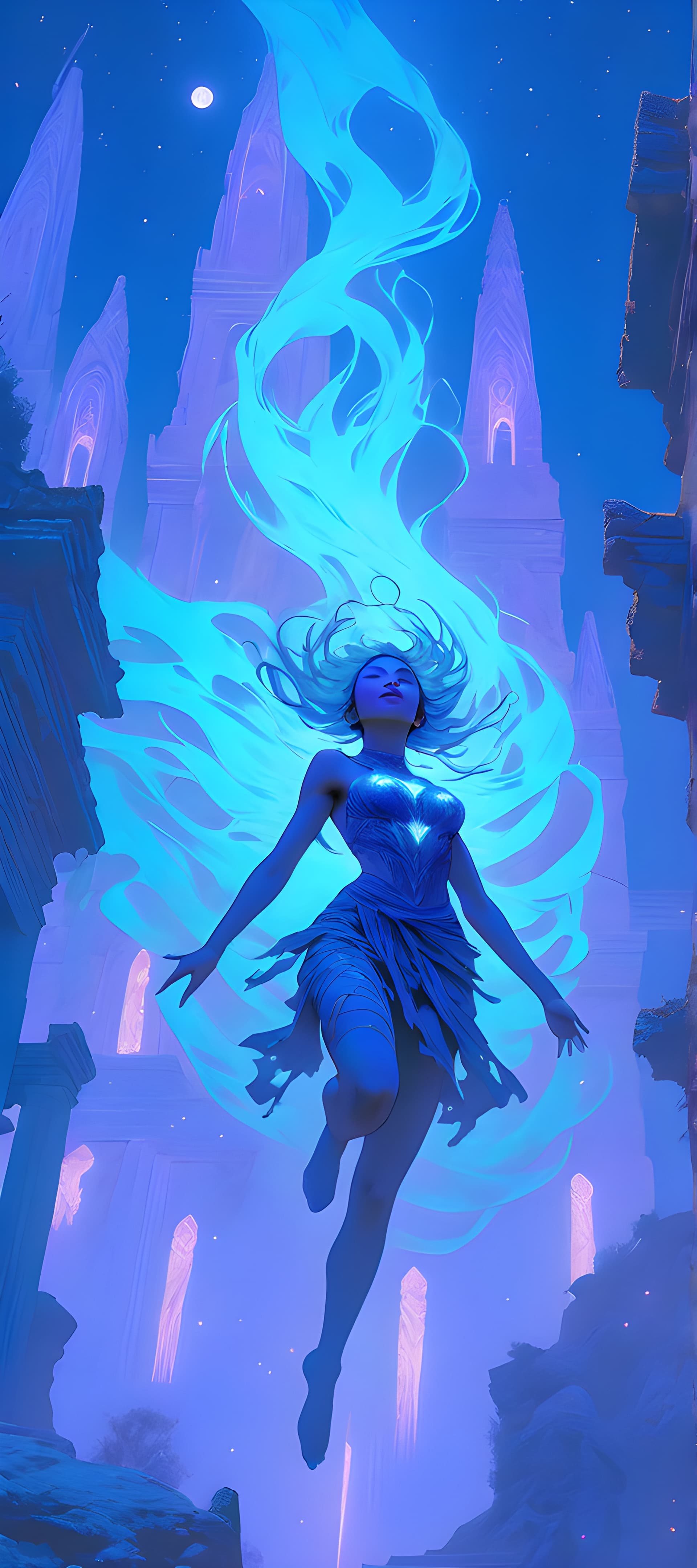 AI generated: Epic view capture of a girl clad in ultraviolet threads, luminous diamond skin glistening under a va...