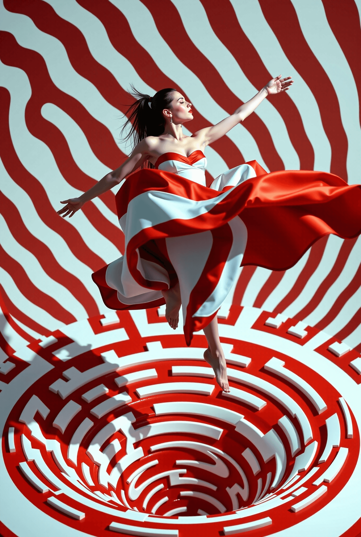 AI generated: A woman levitates gracefully above a swirling vortex, her form wrapped in geometric, sculptural fabr...