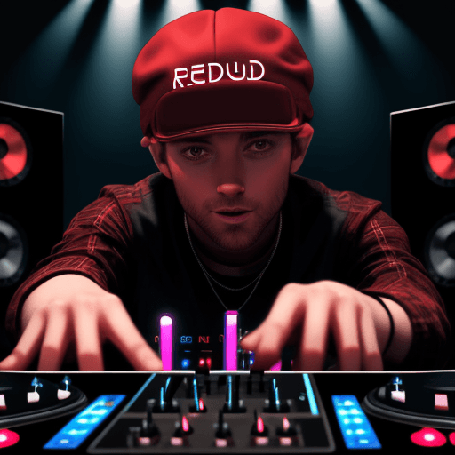 AI generated: virtual DJ in front of the mixer and speakers on a table with red cap
