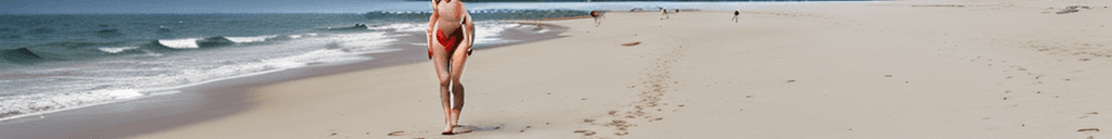 AI generated: a beautiful teen girl with light red skin, is walking on the beach, not very large breasts and hips,...