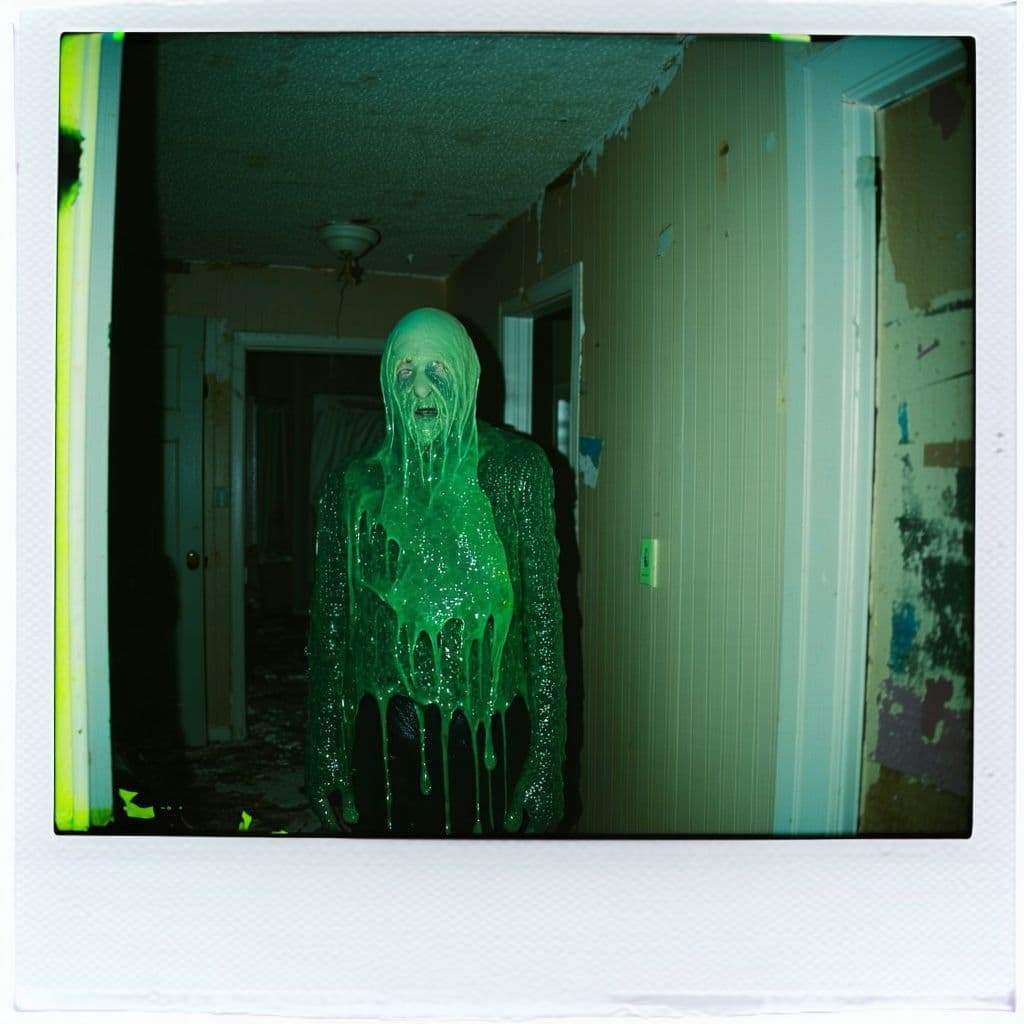 AI generated: grainy 80's photograph quality polaroid of king slime suicide caught in an abandoned house, dark