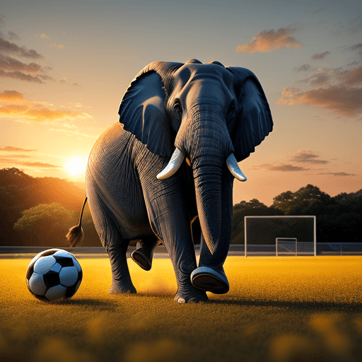 AI generated: 
"A majestic elephant gracefully dribbling a soccer ball on a vibrant yellow and blue field, with th...