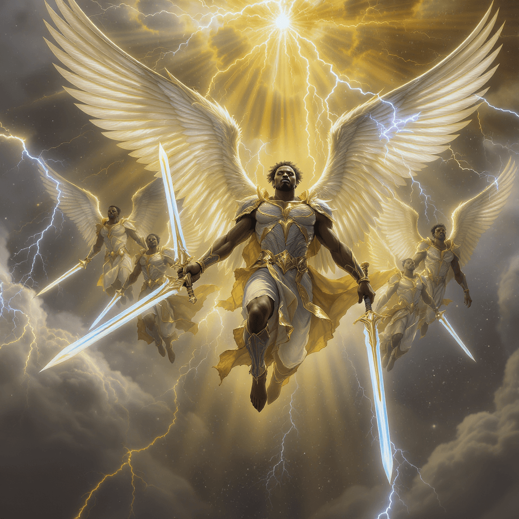AI generated: 7 powerful Black African angels descending from the heavens flying like superman  in perfect formati...