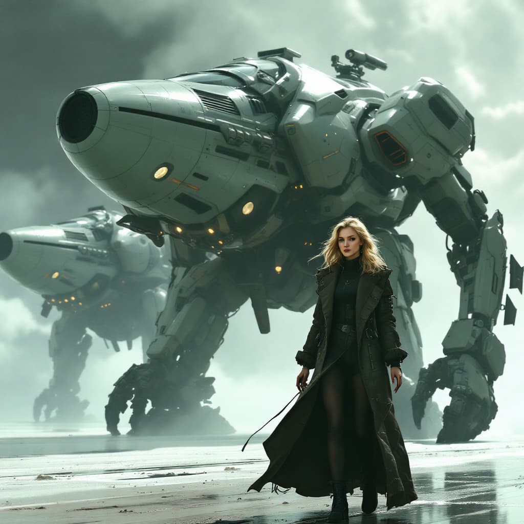 AI generated: Syd Mead style futuristic cyber dieselpunk hovercraft, full body shot of beautiful European young bl...