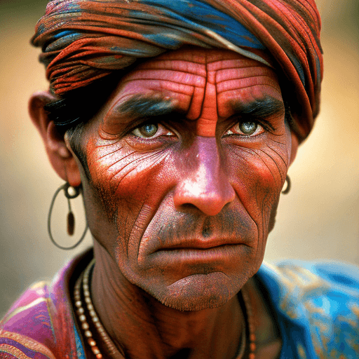 AI generated: Steve McCurry portrait, vibrant saturated colors, piercing gaze, cultural authenticity, exotic locat...