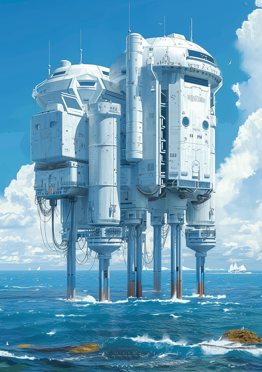 AI generated: Futuristic white building on tall stilts in the ocean, in the style of Michael Whelan and Ralph McQu...