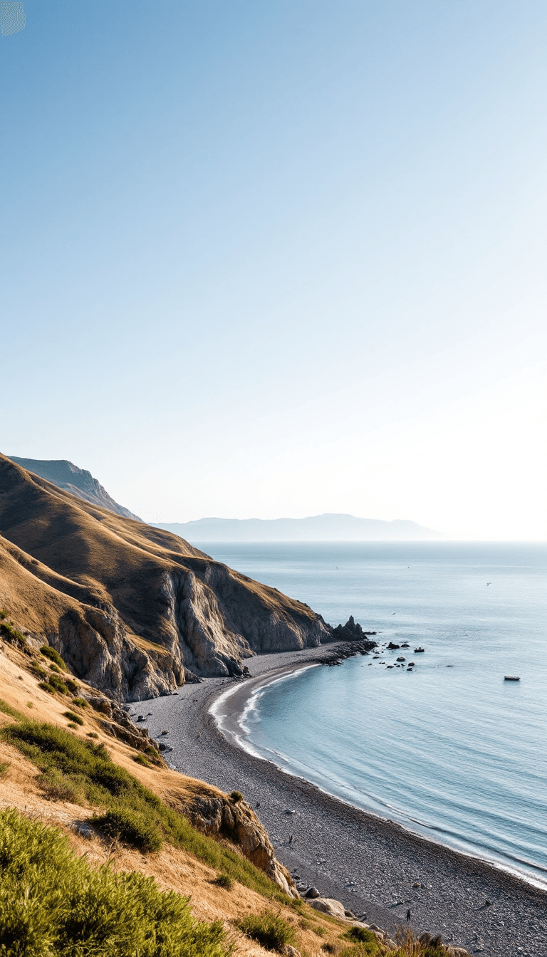 AI generated: A scenic view of the Crimean seaside: rolling hills with patches of green vegetation descending towa...