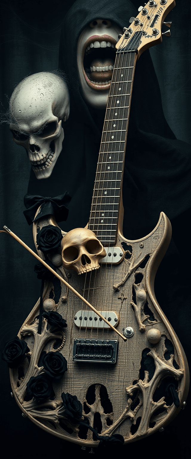 AI generated: electric guitar made of bone,skull and black roses, bow dragging across decayed strings, background ...