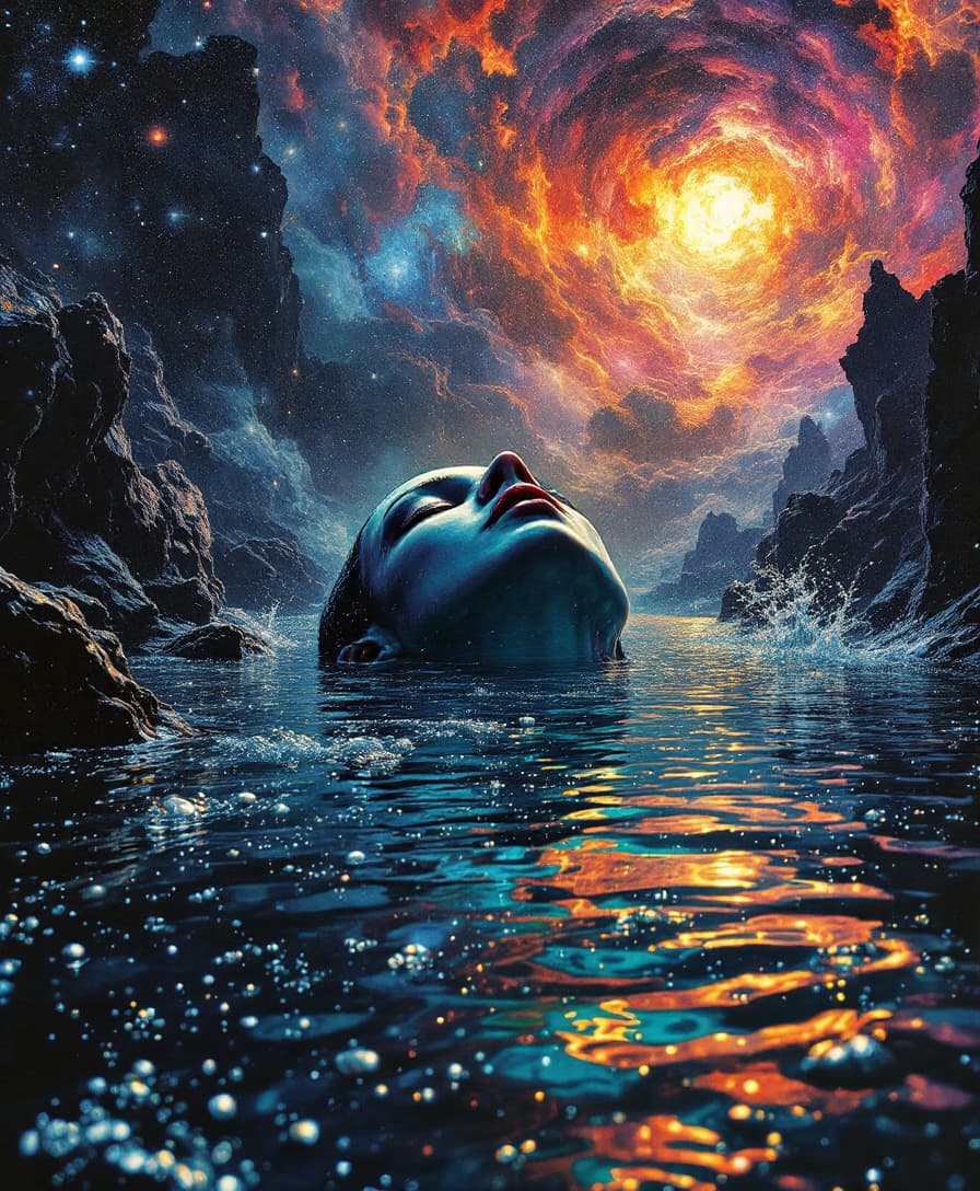AI generated: Ominous drowning in psychedelic space inspired by hajime sorayama --s 750 --v 6.0
