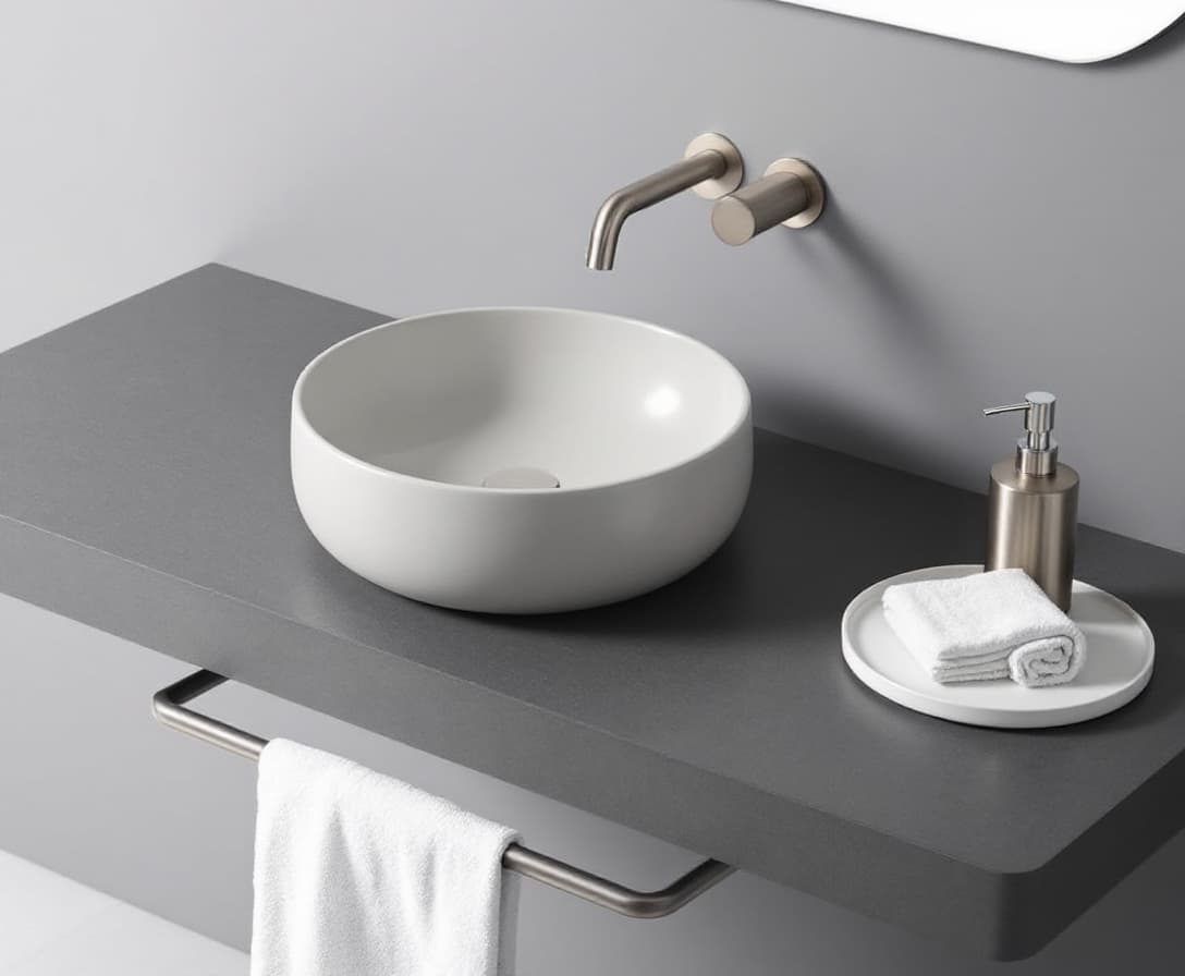 AI generated: A minimalist bathroom setup features a round, light gray ceramic sink resting on a dark gray counter...