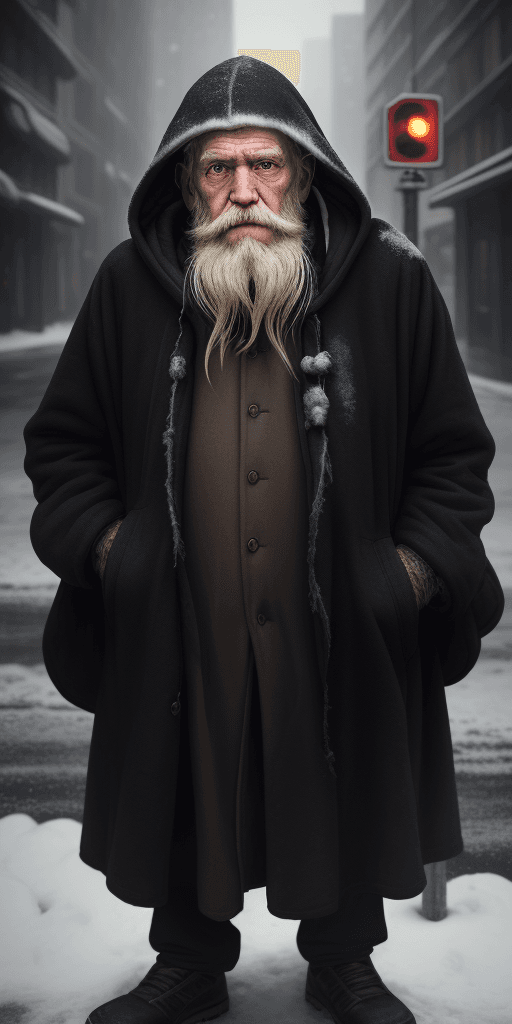AI generated: professional portrait photograph, homeless old man with sad face in hood, black coat, natural light,...