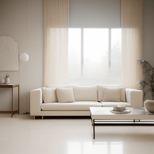 AI generated: Photograph, contemporary living room, soft light of morning, integration of beige flooring and matte...