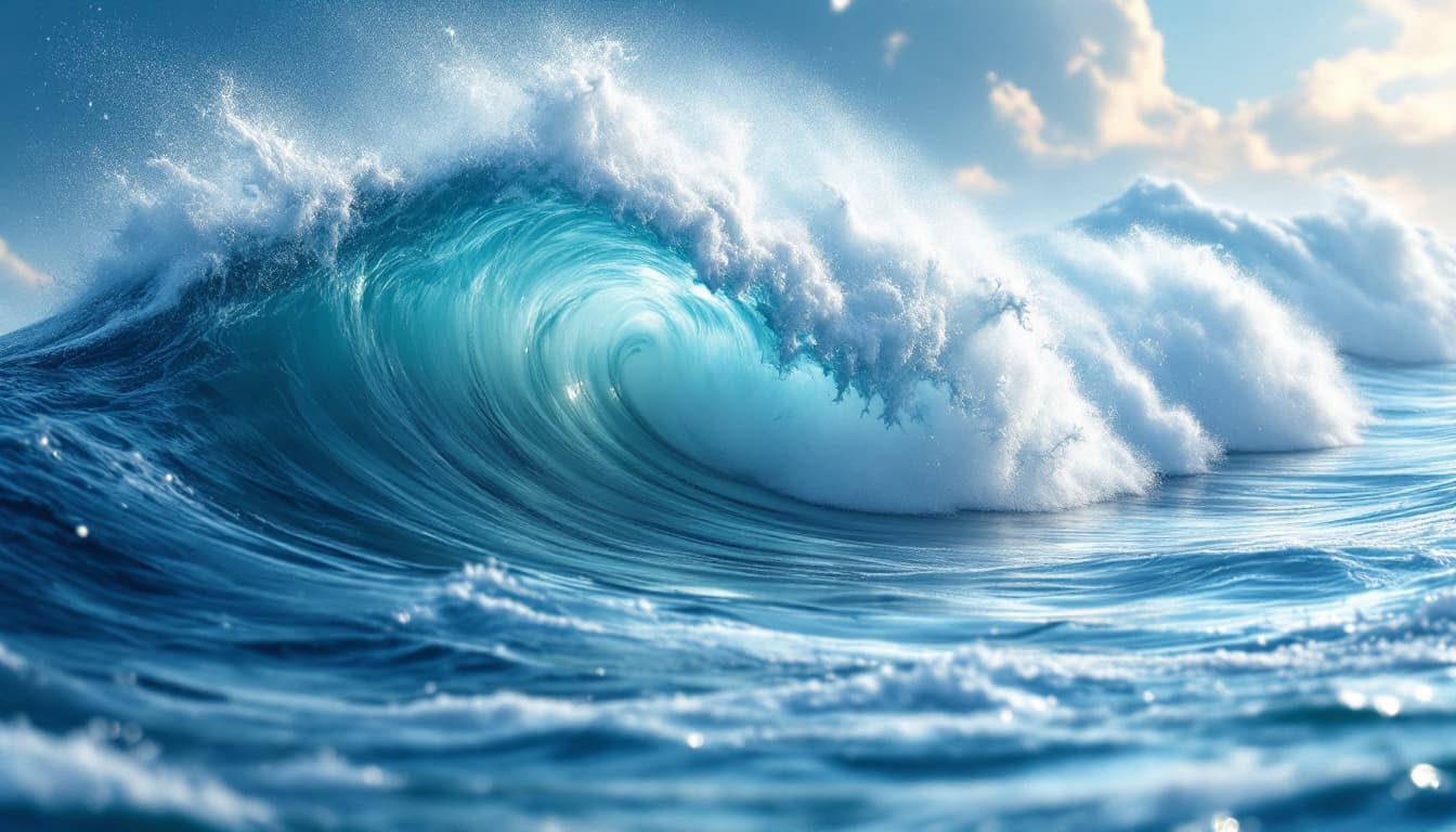 AI generated: sea scape and giant ocean waves with sea foam, waves are forming ,multiple tea roses shaped bouquets...