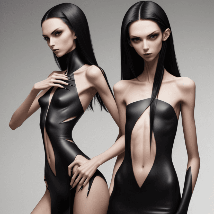 AI generated: photo of face an extremely skinny, flat-chested models with long black curved fingernails, claws,