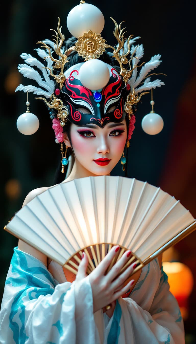 AI generated: A beauty is a master of Sichuan Opera face-changing. She is full-body, graceful, big-breasted, bare ...