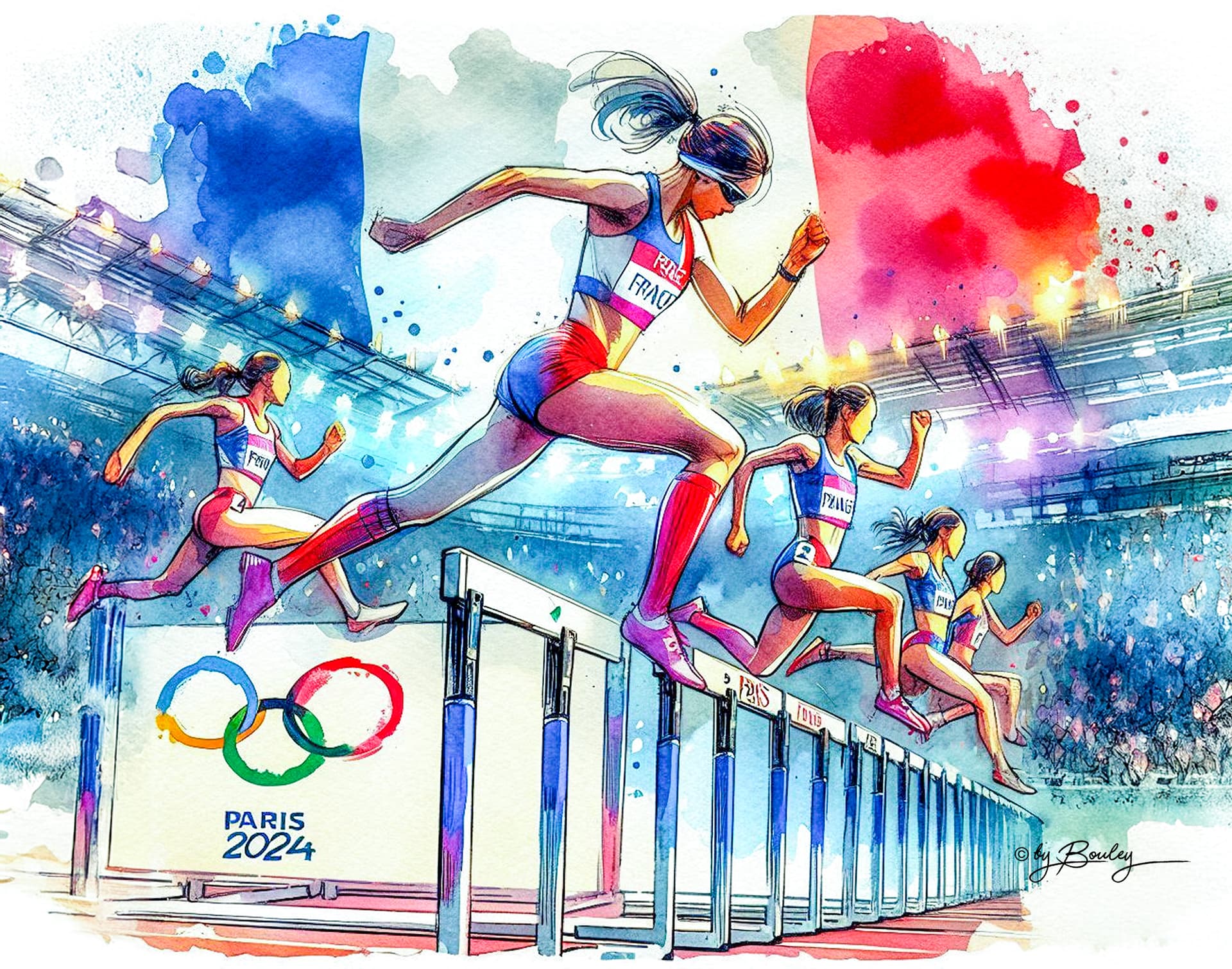 AI generated: Women jumping hurdles, wearing France colors, at the Paris Olympics, Gaspare Caramello watercolor st...