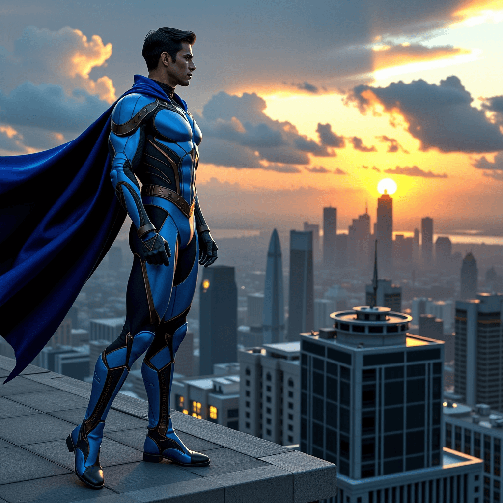 AI generated: Aether's Ascendance (10 of 10): Aether, the lean and powerful superhero with short black hair, his i...
