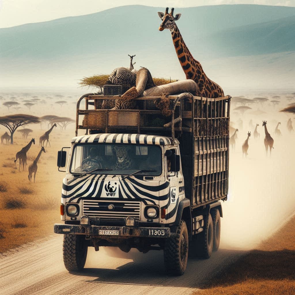 AI generated: A dusty truck in Africa, loaded with a sitting giraffe. The truck is painted in a striped zebra patt...