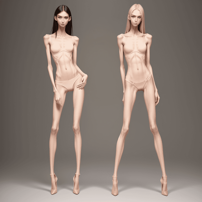 AI generated: photo of two an extremely skinny, flat-chested model with extreme long and skinny legs with extreme ...