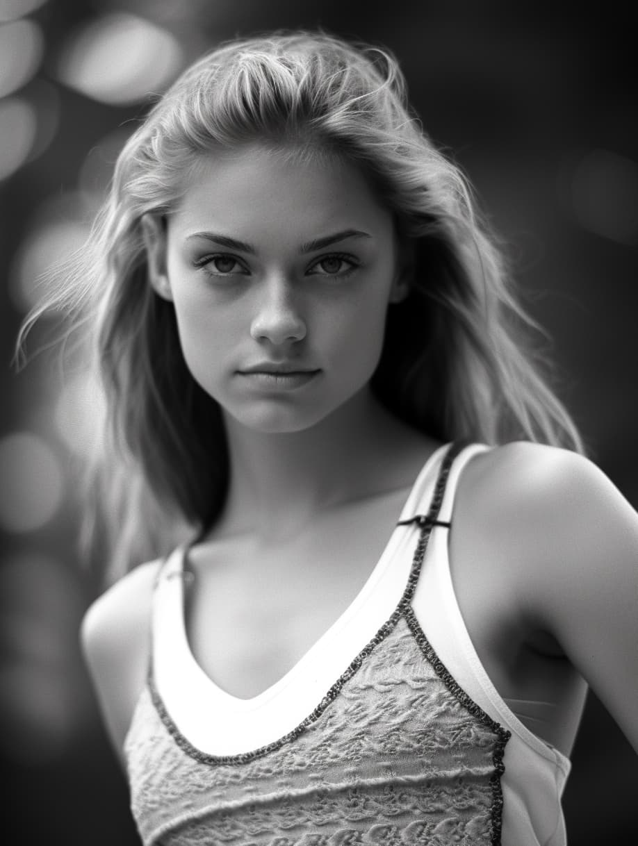 AI generated: a black and white photo of a woman in a tank top, focus on girl model, eyebrows, lachlan bailey, wea...