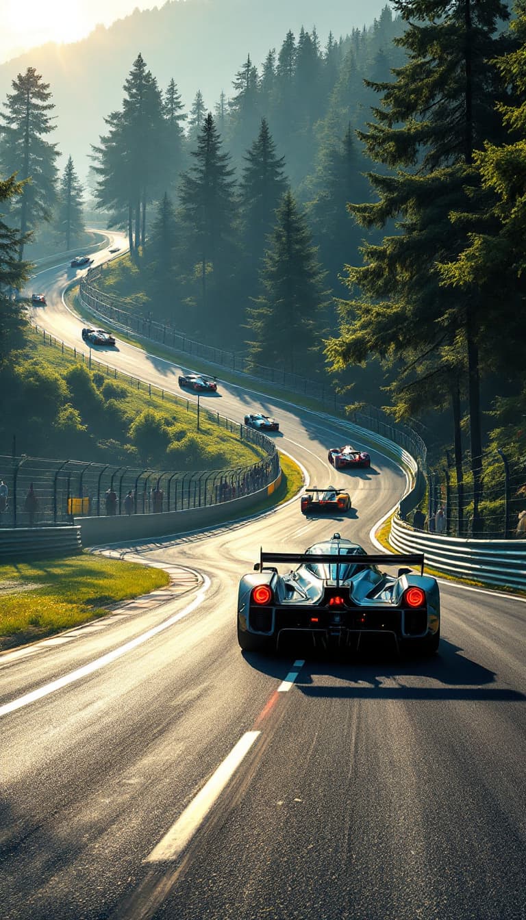 AI generated: Summer.  Racing cars race along a race track. The race track passes through flat terrain and turns r...