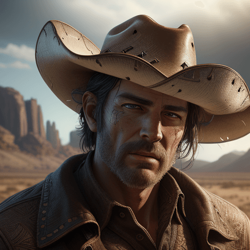 AI generated: Realistic cowboy, High Definition, cinematic lighting, reflections, western landscape, detailed, ray...