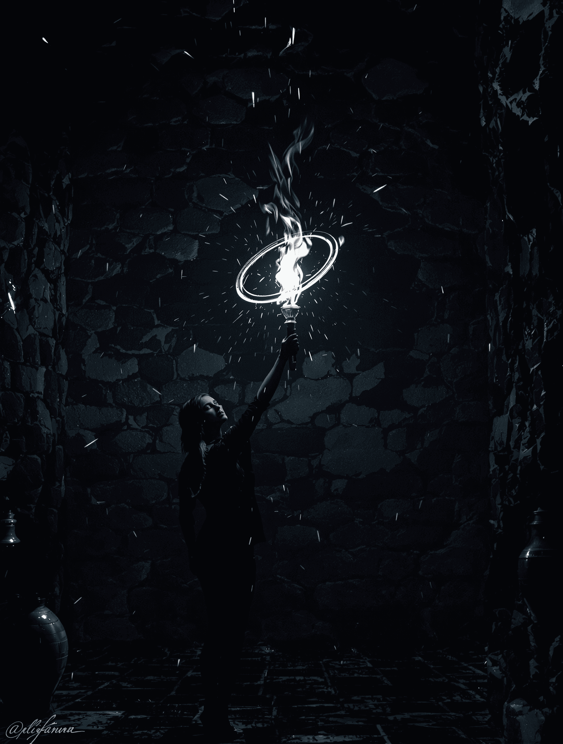 AI generated: A momentary gleam of phosphorus flame. Under the deepest shadows of the hall That maiden found a rin...