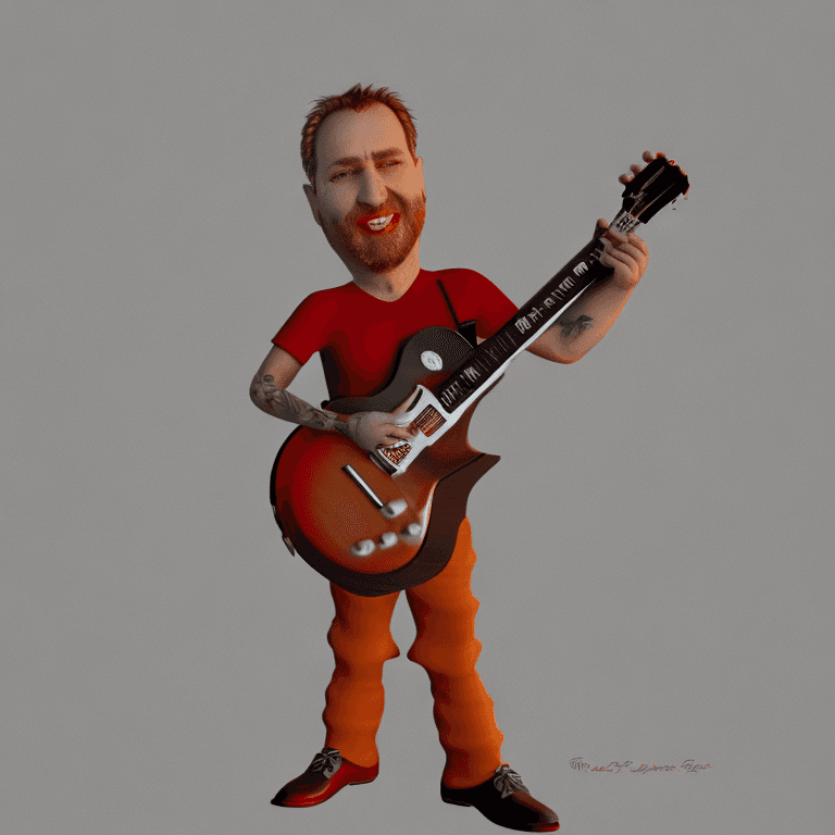 AI generated: 3D caricature of a man with short van dyke beard with tattoos playing a full red les paul guitar ful...